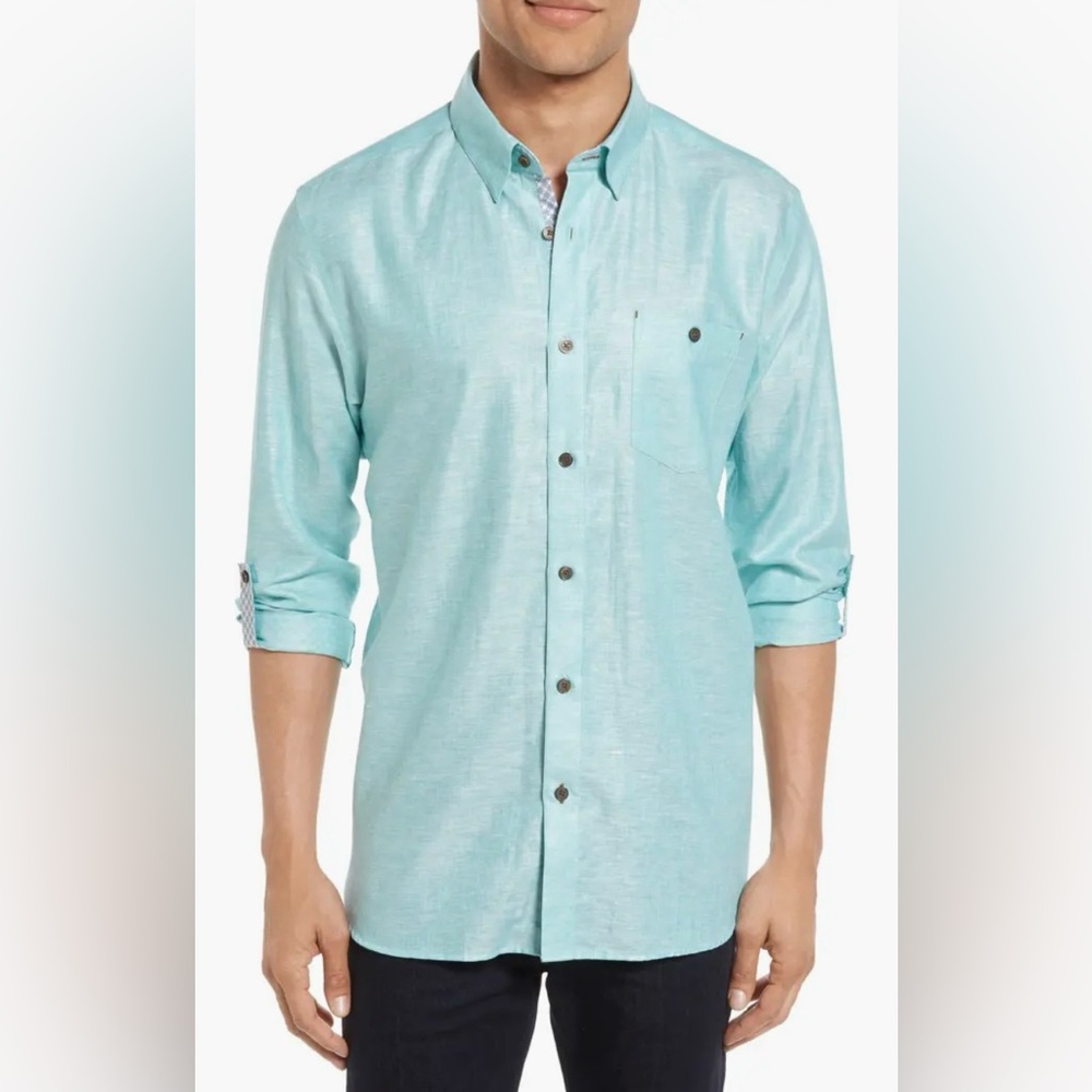 Ted Baker Laavno Linen Cotton Blend Button Shirt in Teal, size 6 or 2XL